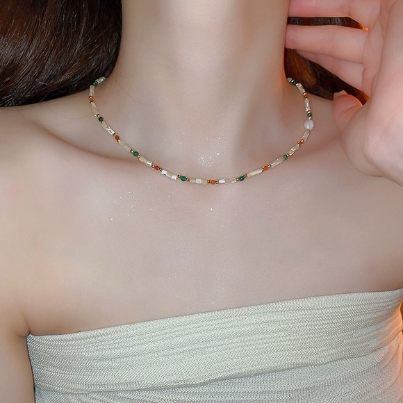 Colorful Seed Beads, Shell and Freshwater Pearl Necklace - Picture 4 of 8